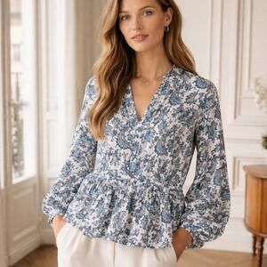 LOFT Blue Paisley Blouse Large Floral Peplum V-Neck Balloon Sleeve Top Flowy